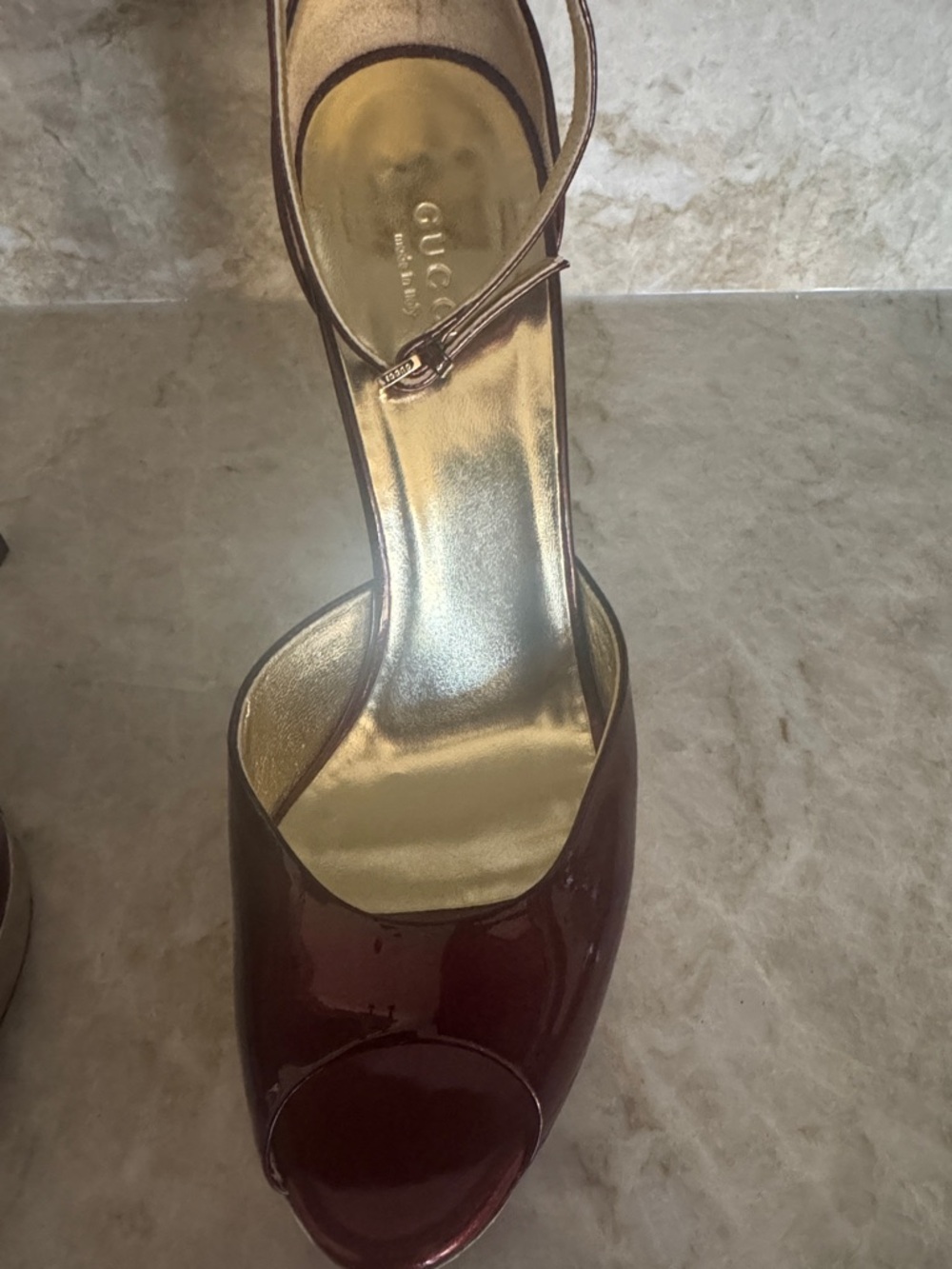 Gucci Women's Maroon Patent Leather Peep-Toe Ankle-Strap Heels - Picture 4 of 9